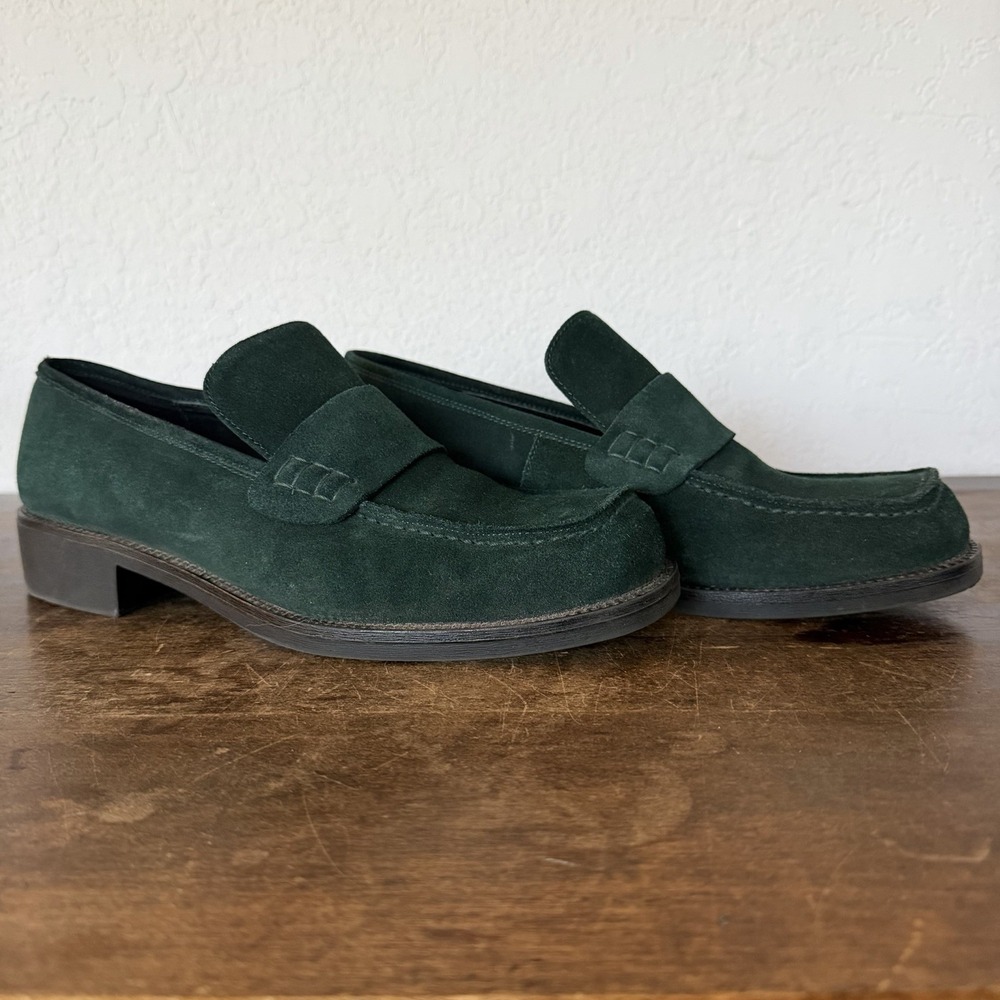 Vintage Bernardo Emerald Green Suede Penny Loafers 90s Square Toe Womens Size 9
